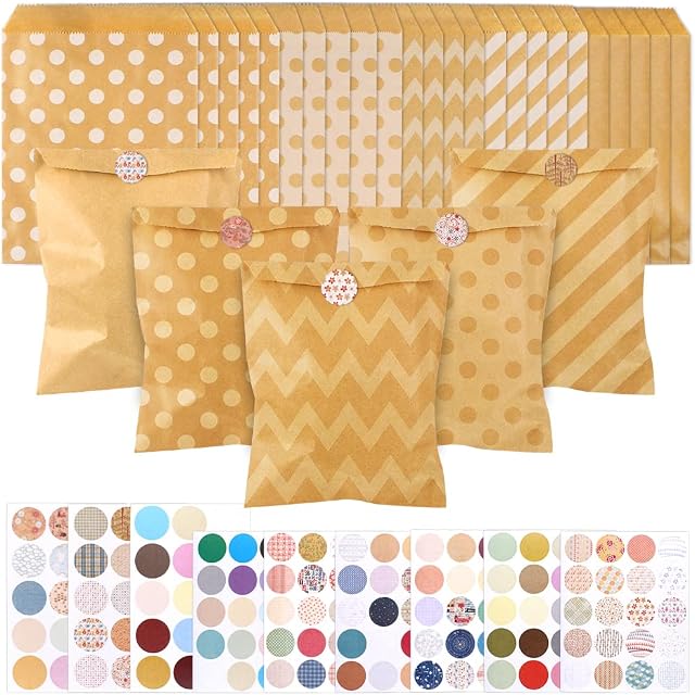125 Pcs Kraft Paper Bags with 160 Pcs Stickers, Small Kraft Paper Gift Bags for Chocolate Snacks Cookies Christmas Wedding Party Supplies