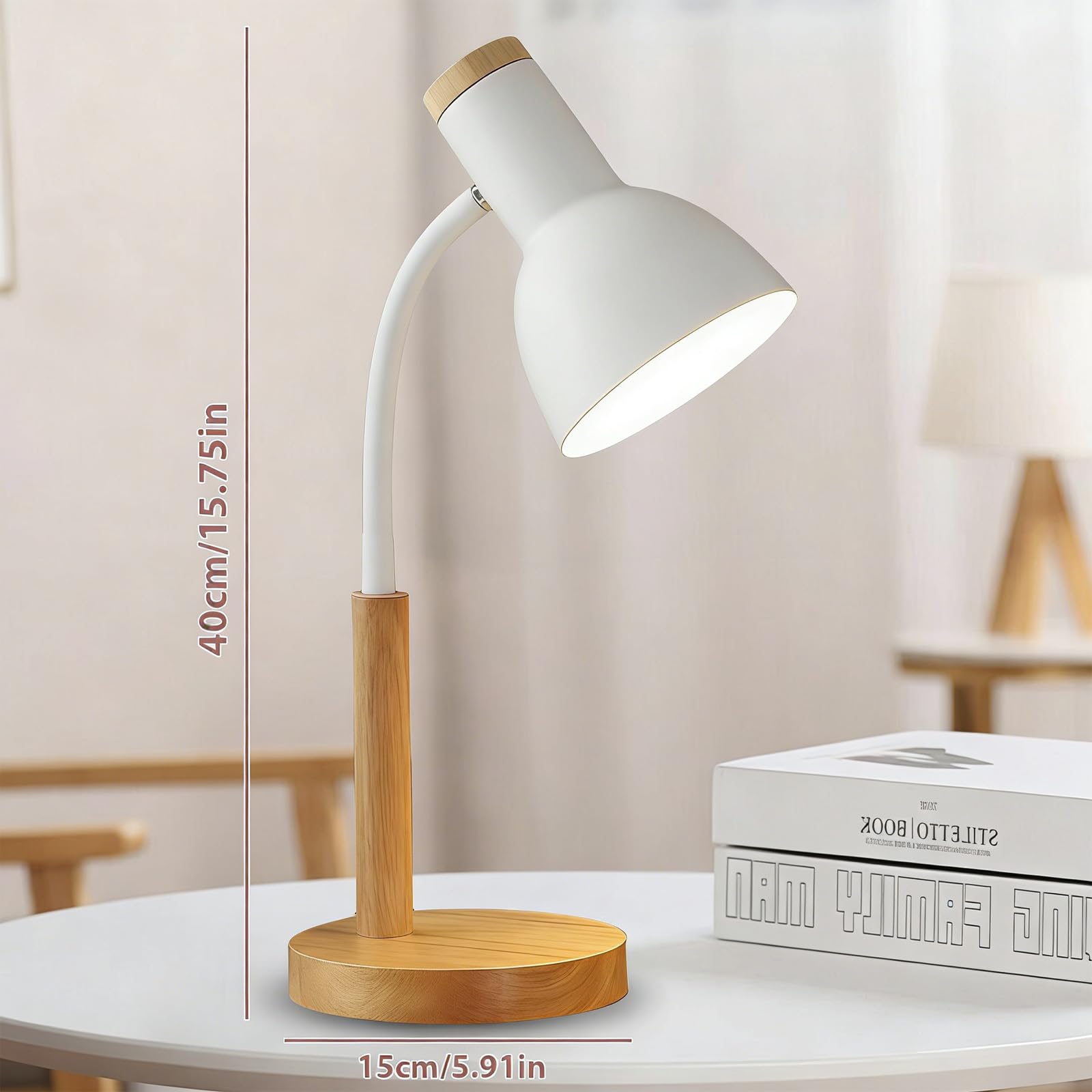 Leikurvo Lámpara de escritorio para niños, lámpara de mesa LED, lámpara de lectura E27, brazo ajustable, metal y madera, lámpara de noche de estilo nórdico para dormitorio, salón, estudio (blanco)