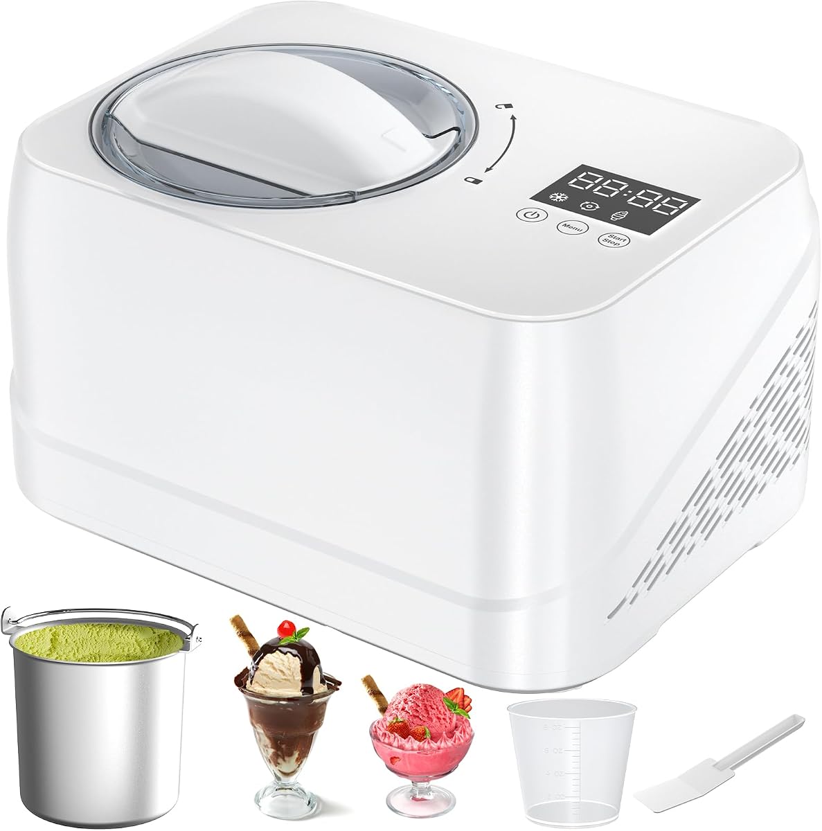 Eismaschine mit Kompressor 1L, Eismaschine Selbstkühlend mit Entnehmbarem Eisbehälter, inkl. Spatel/Messzylinder mit Skala, Weiß