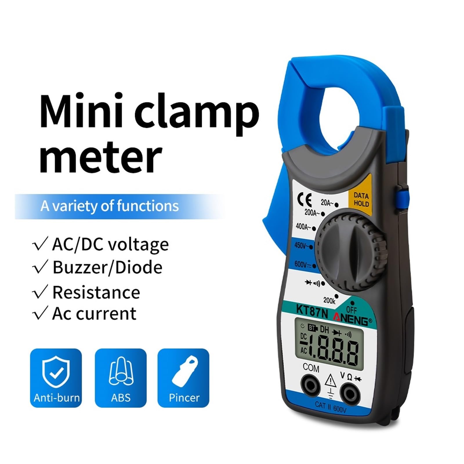 KT87N Mini Digital Clamp Meters AC/DC Voltage AC Current 600v True RMS Multimeter Capacitance Electrical Tester Tools(KT87N Red)