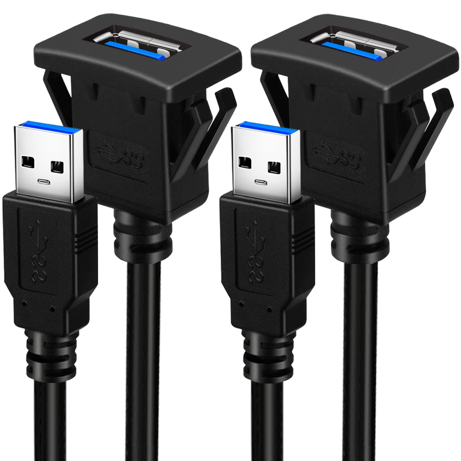USB-3-Verlängerungskabel, quadratisch, Einzelanschluss, 30 cm, 2 Stück | Kfz-Halterung mit Schnalle für Auto, LKW, Boot, Motorrad, Armaturenbrett