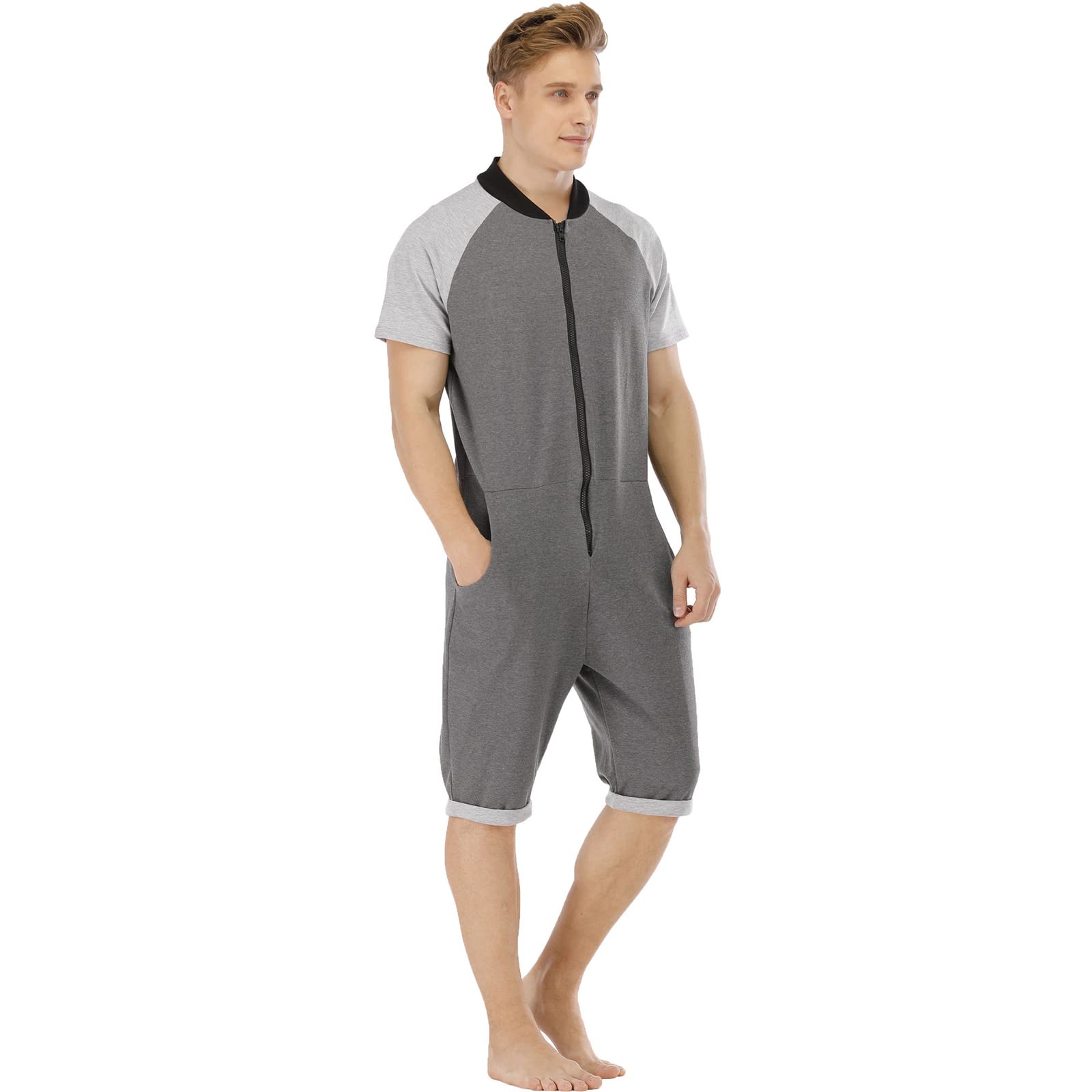 Pijama Corto Hombre Verano Una Pieza Pijamas Mono Entero con Capucha Manga Cortas Verano Jumpsuit Adulto Onesie Ropa de Casa Dormir