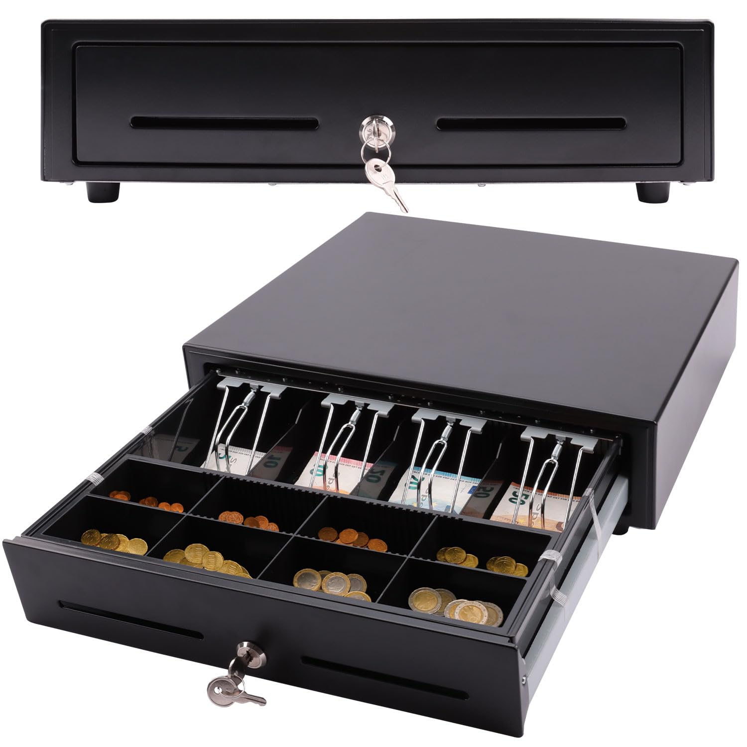 Olympia LD 410A Kassenschublade | Geldkassette abschließbar mit Einwurfschlitz | RJ12-kompatibel | 8 Münz- & 4 Scheinfächer + Halteklammern | Metallgeldbox für Handel & Gastronomie | 41,5x41x10,4 cm