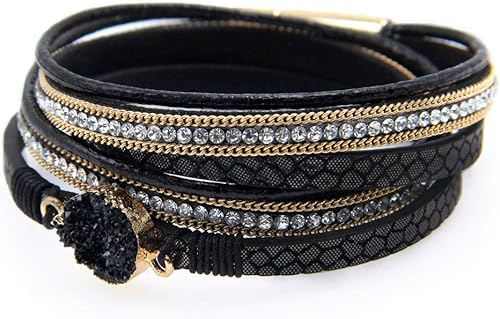 Fesciory - Pulseras envolventes de cuero para mujer, brazaletes con cuentas de cristal de leopardo, estilo bohemio, multicapa