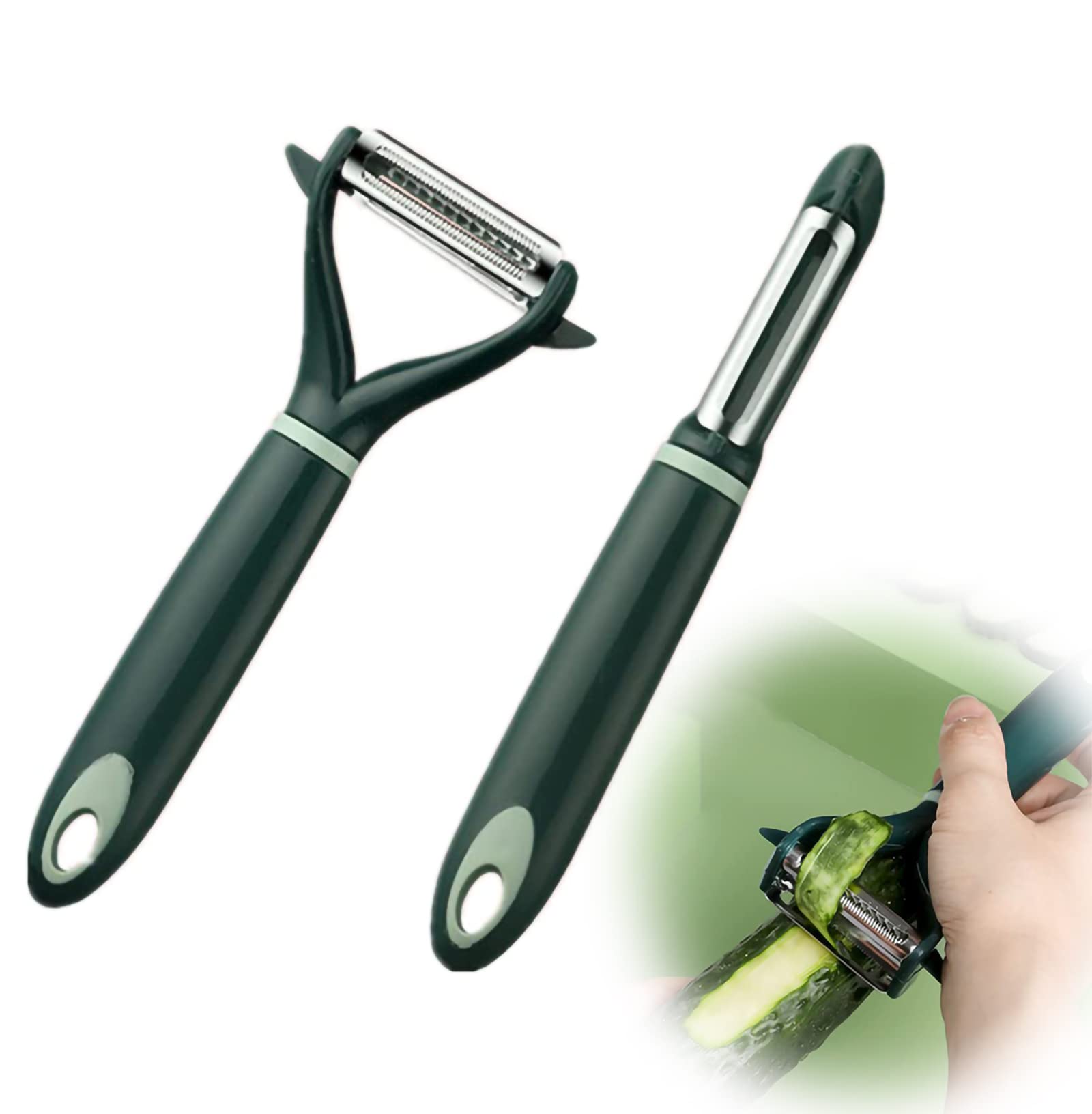 MAKINGTEC Peeler, Fruit and Vegetable Grater Portable Kitchen Gadgets Fruit Peeler 2-piece Set Stainless Steel Double-sided Serrated Shredding Tools for a Variety of Fruits and Vegetables (green)