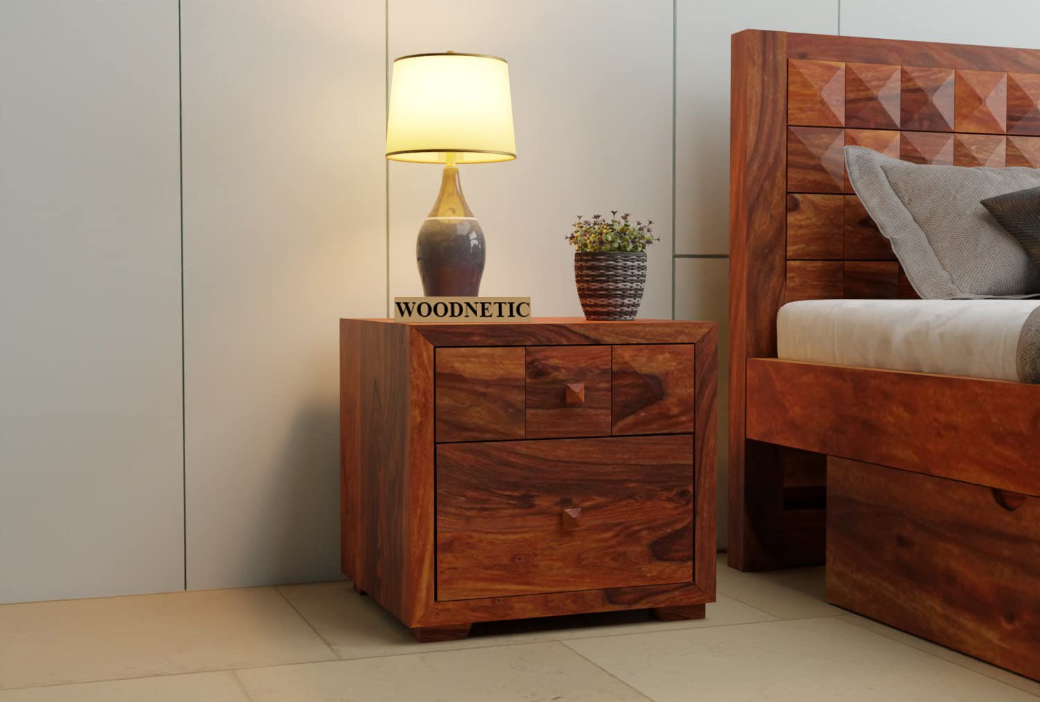 Solid Sheesham Wood Bedside Table with 2 Drawers & Storage Shelf Wooden Bed Side End Tables Night Stand for Home Living Room Bedroom - Honey Finish-picture-43