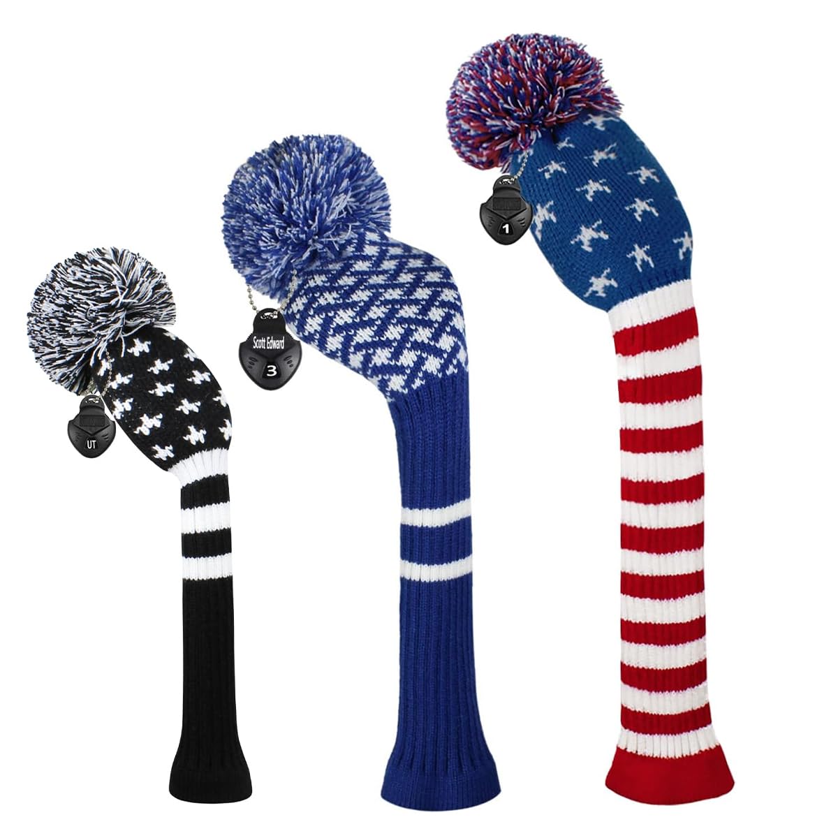 Scott Edward Mix and Match Pom Pom Knit Golf Club Covers Set of 3 Driver Head Cover 1 Fairway Headcover 1 and Hybrid/UT Headcover 1 (Grid and Star)