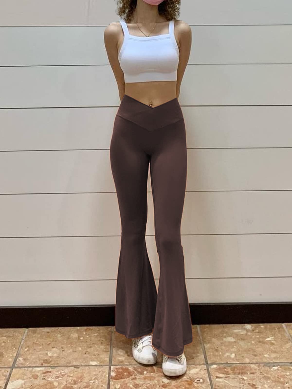Ridshy Falre Leggings for Women Bootcut Yoga Pants Crossover High Waisted Workout Pants Exercise Flared Casual Bootleg Tights Bell Bottom Leggings Dress Pants 2 Pack Black/Brown X-Large