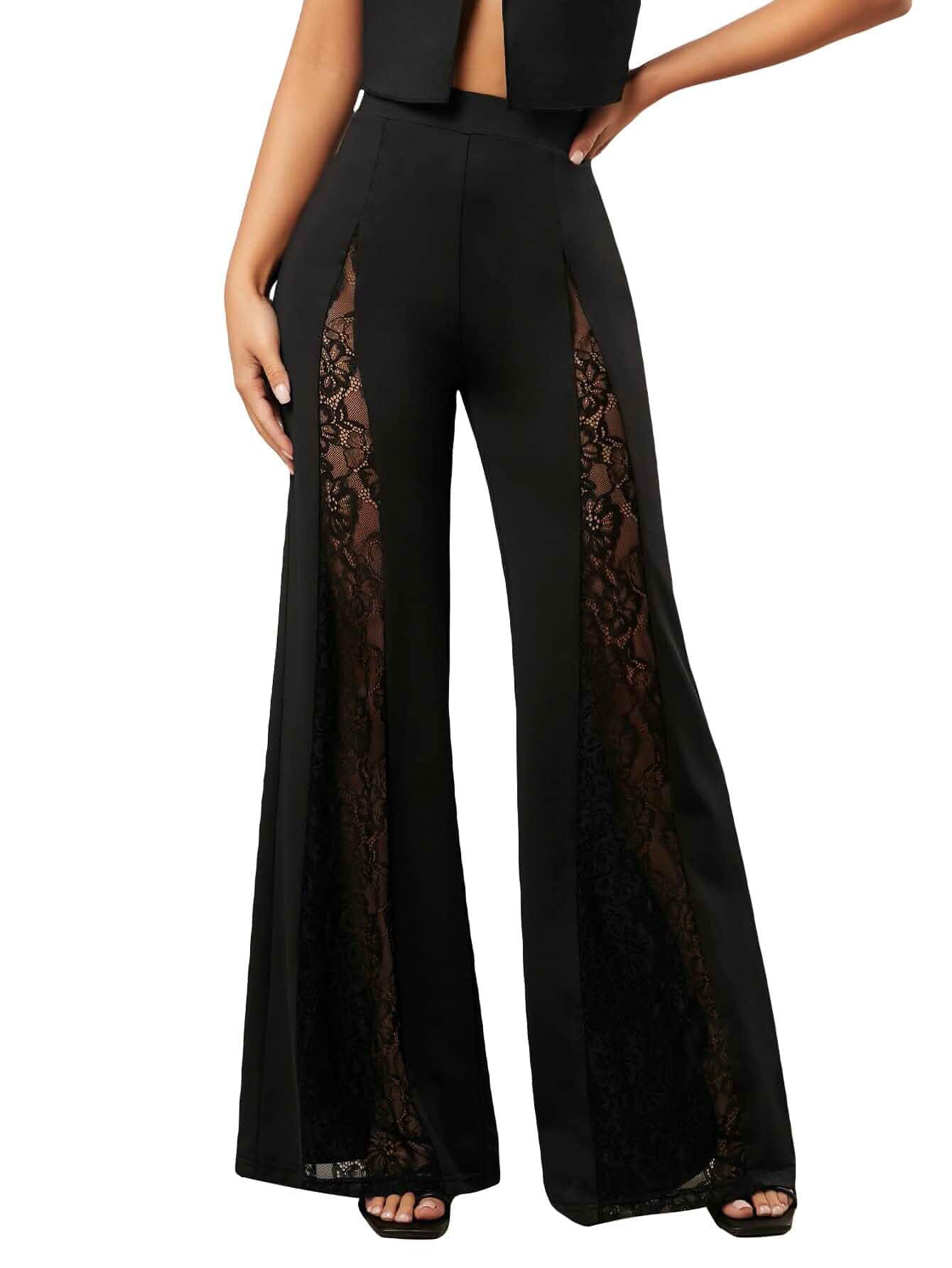 WDIRARA Women's Contrast Lace Flare Leg High Waisted Dressy Loose Elegant Pants