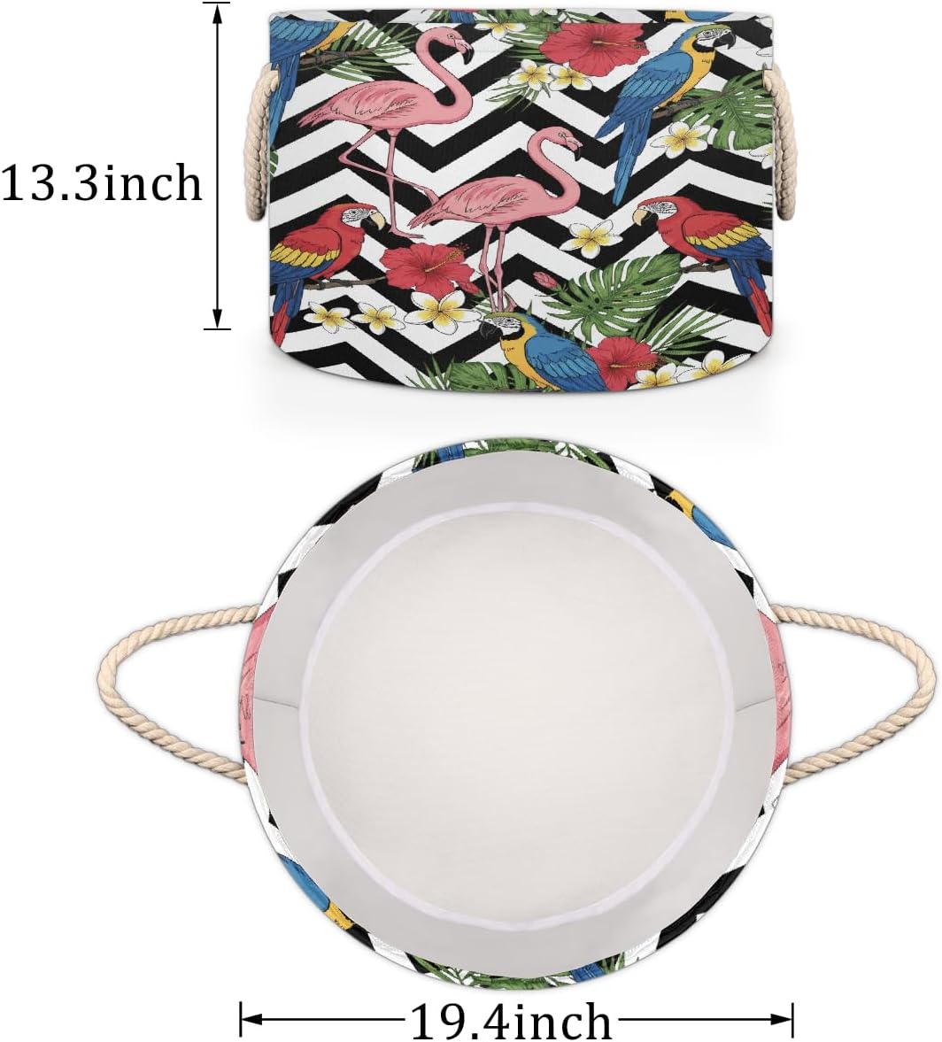 Large Storage Baskets - Tropical Birds Flowers Nursery Organizer Bin Box with Handles, Round Collapsible Laundry Hamper for Toys, Blanket, Bedroom Living Room Home Decor, Gift Basket