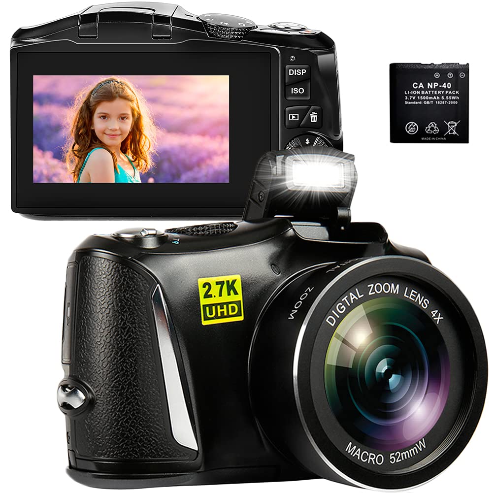 Digital Camera, 2.7K 48MP Full HD Vlogging Camera Rechargeable YouTube Camera, 3 Inch Portable Compact Mini Blogging Camera Point and Shoot Camera for YouTube, Black