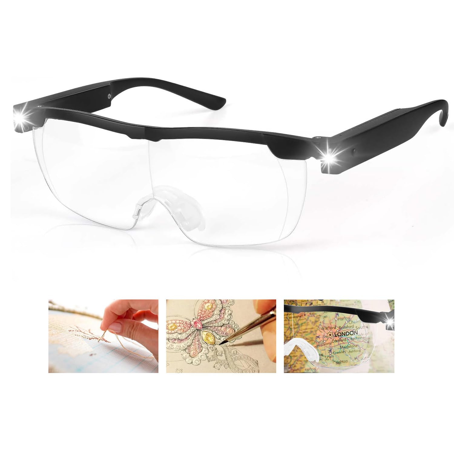 Magnifying Glasses with Lights, 160% LED Reading Wearable Glasses, Hands Free Rechargeable Lighted Magnifier Eyeglasses for Hobbies, Reading, Close Work, Crafts, Jewellers (Black)