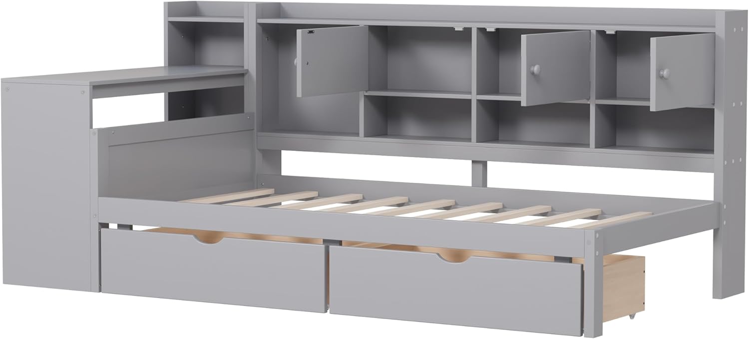 HABITRIO Wooden L-Shape Twin Size Daybed with 7 Cabinets and 2 Drawers, Multi-Functional Bed with Study Desk and Built-in Bookshelf, Gray
