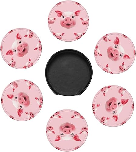 Miniatura 3 de Juego de 6 posavasos de cuero con estampado de cara de cerdo rosa, impermeables, resistentes al calor, alfombrilla redonda con soporte para sala de