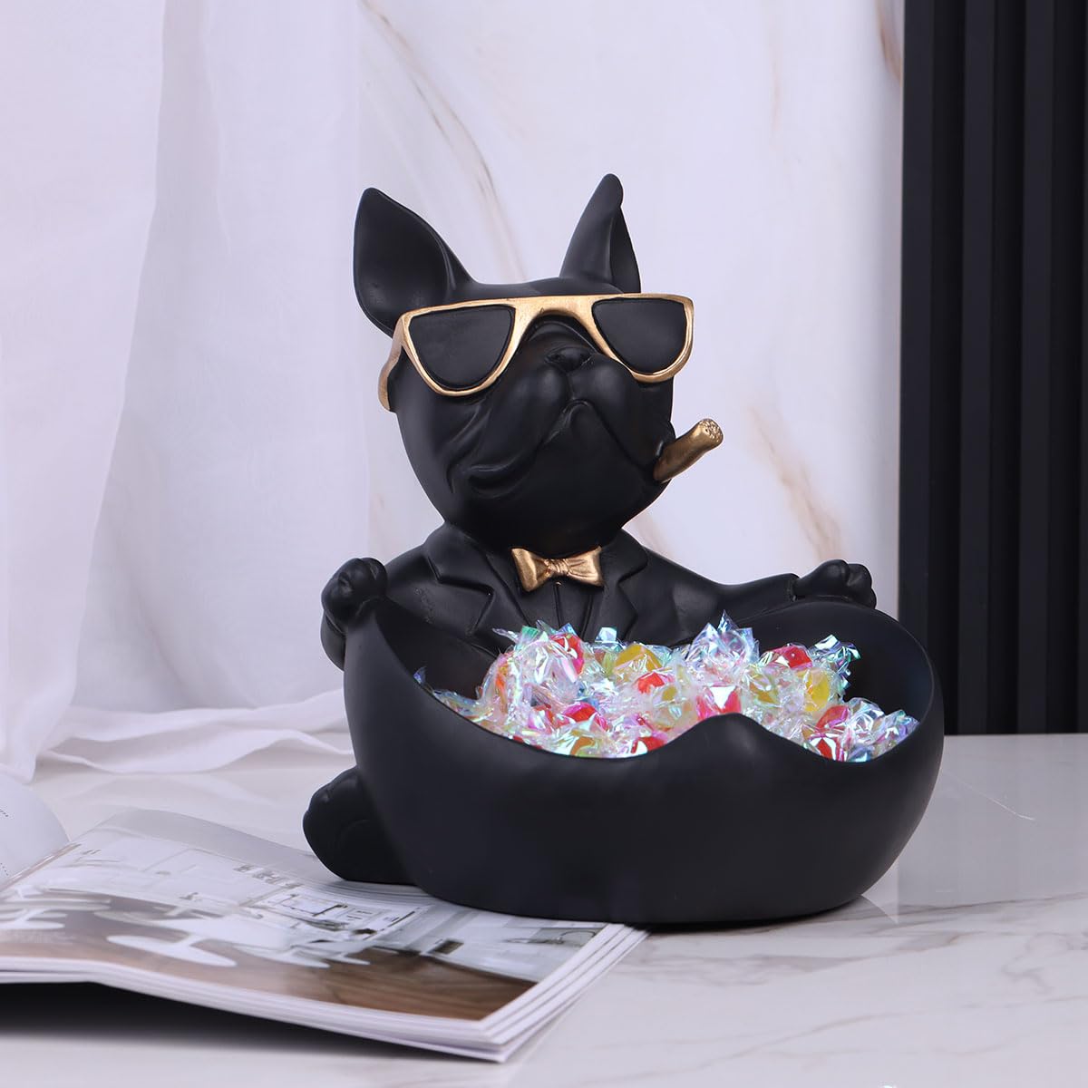 Statua di bulldog francese nera, ciotola per caramelle e portachiavi, vassoio portaoggetti per gioielli, ideale per arredamento moderno per casa, ufficio, ingresso, organizer da scrivania funzionale e