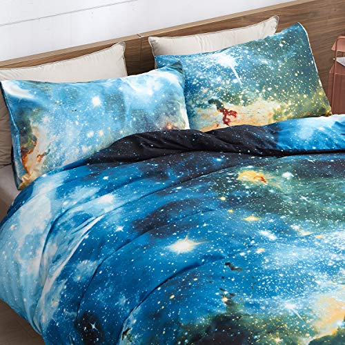 Lamejor Duvet Cover Set Queen Size 3D Galaxy Outer Space Luxury Soft Bedding Set Comforter Cover(1 Duvet Cover+2 Pillowcases) Blue #TOP2