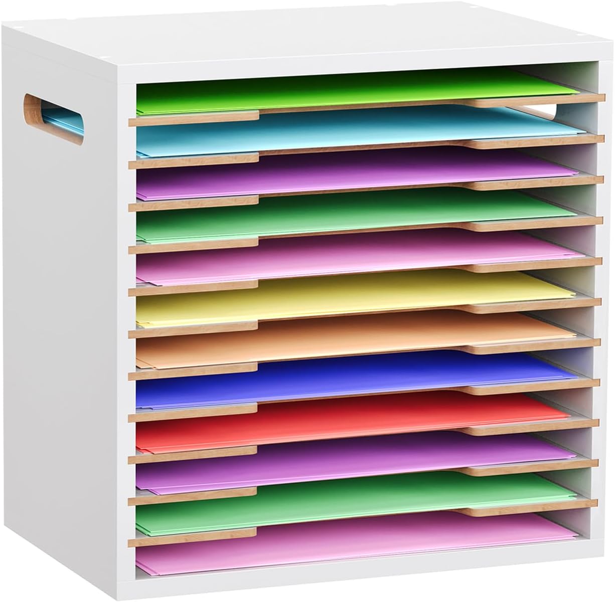 ToBeAce 12x12 Scrapbook Paper Storage Organizer Wood, 12 Tier Desk File Organizer with Handle, Stackable Paper Sorter Holder with Adjustable Shelves for Craft Room Home Office Classroom Desktop, White