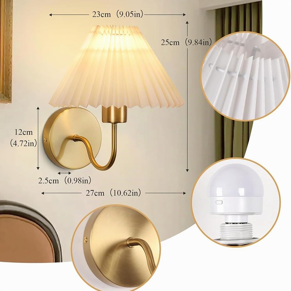 2 Stück LED Akku Wandleuchte Ohne Stromanschluss Innen Gold Wandlampe Batterie mit Fernbedienung Dimmen Wandbeleuchtung Kabellos Aufladbare Wohnzimmerlampe Stoffschirm Retro Boho Lampe Messing
