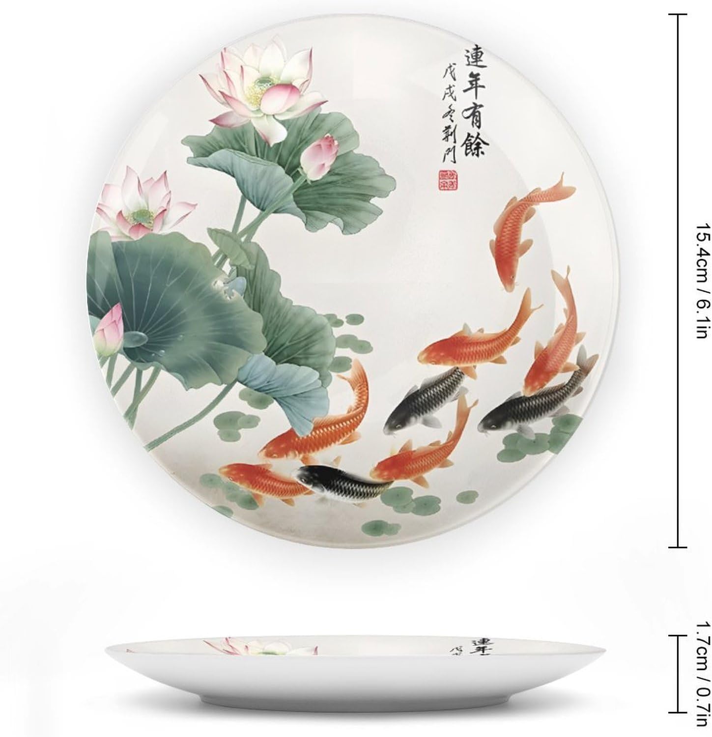 Fine Bone China Decorative Plate, Deep Green Round Wall Art with A Close-up Pink-Tipped White Lotus for Modern Room Decor Bone China Decorative Plate, 6inch Wall Art Home Decor