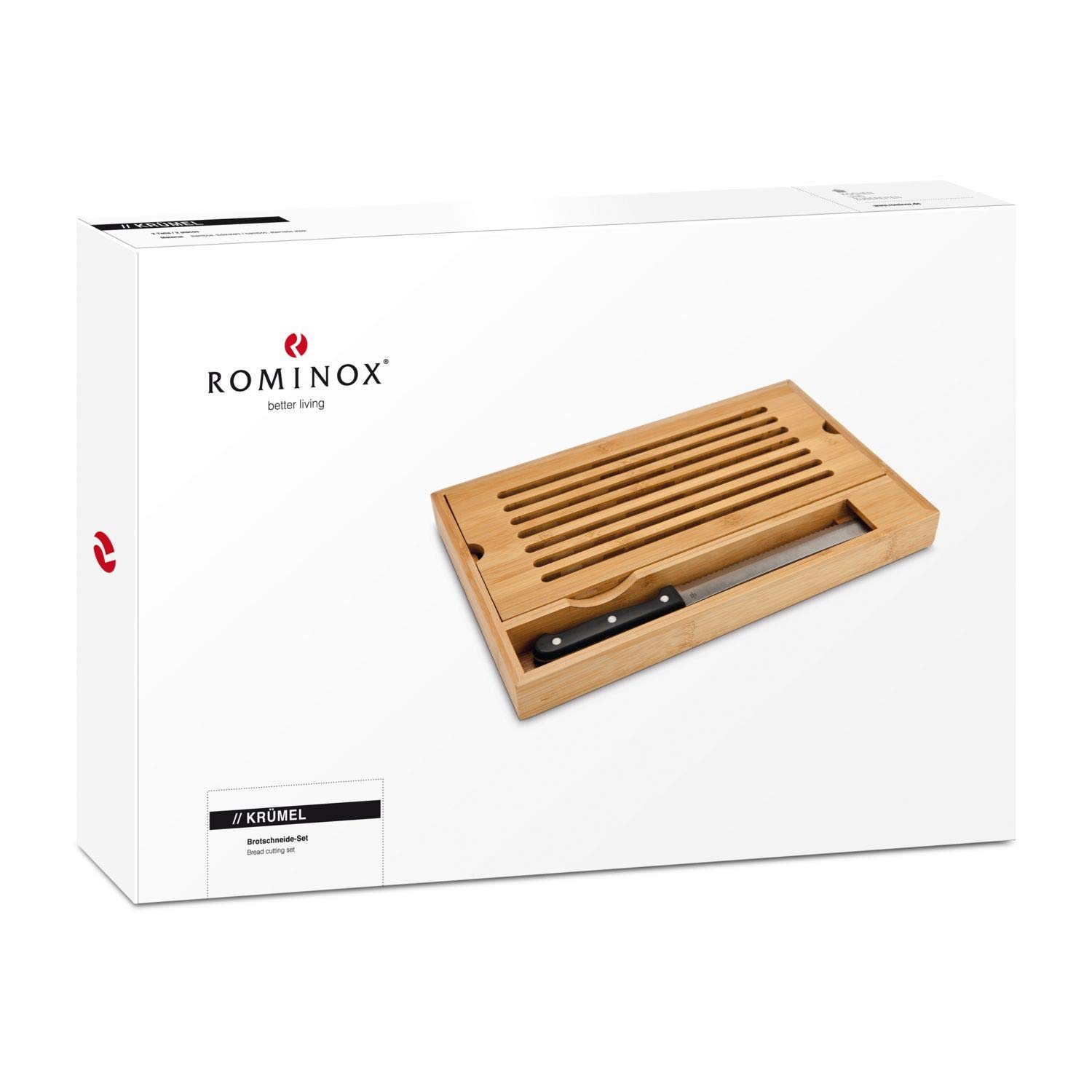 ROMINOX Geschenkartikel Brotschneide-Set // Krümel – 2-teiliges Set aus Brotmesser und Bambusbrett mit praktischem Krümelfach zum Herausnehmen; Maße: ca. 38 x 25 x 3.5 cm
