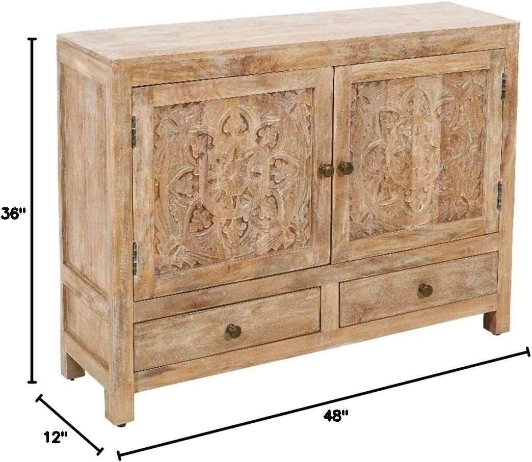 Pemberly Row Solid Wood Accent Cabinet, 36" H x 48" W x 12" D, White Wash Finish, Hand-Carved Mango Wood, 2-Door 2-Drawer Sideboard with Brass Hardware, Buffet or Media Storage