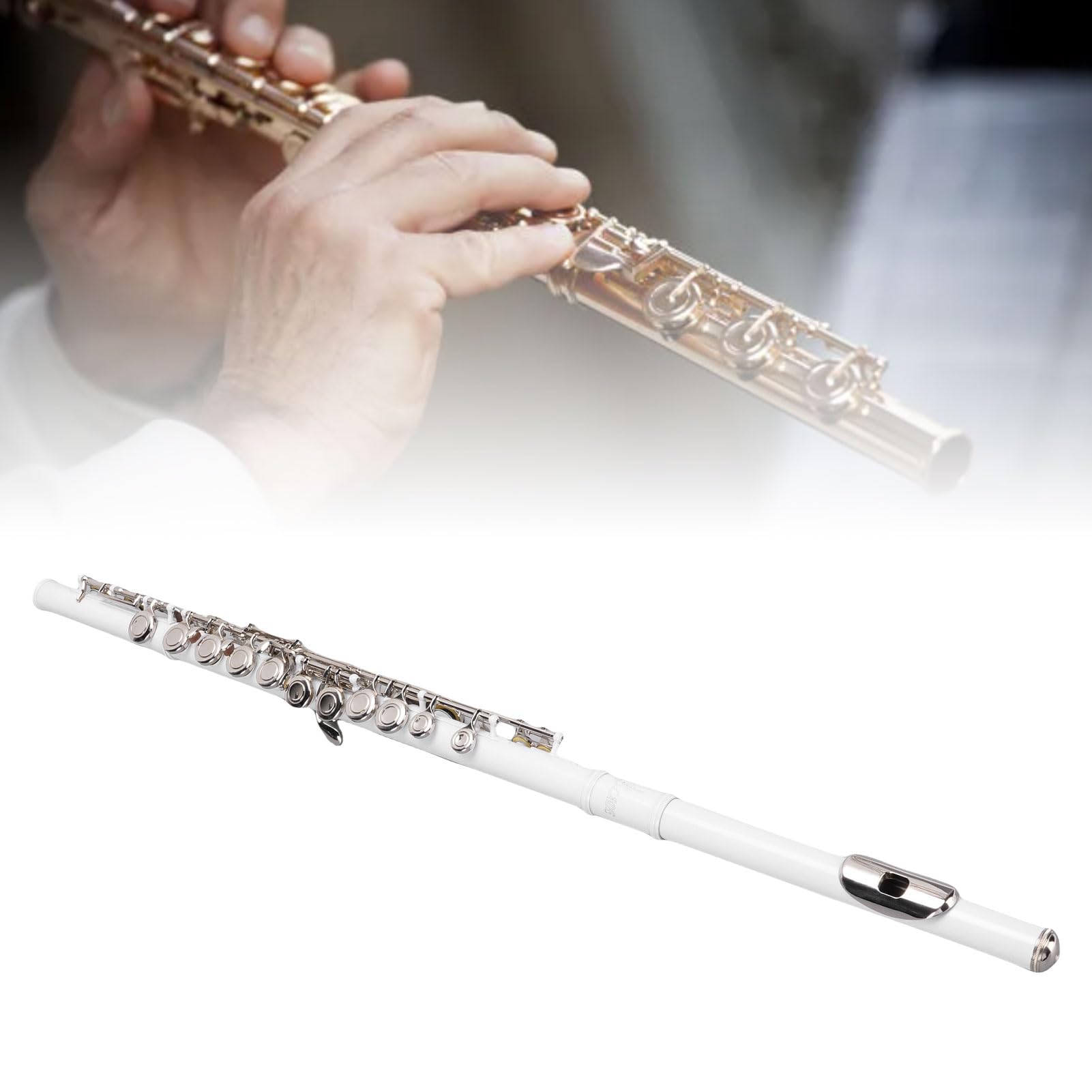 Luocute Instrumento de Flauta Estudiantil, Piccolo Flute White Copper 16 Keys Ergonómico G Compensación de Llave C Flauta para Adultos y Principiantes