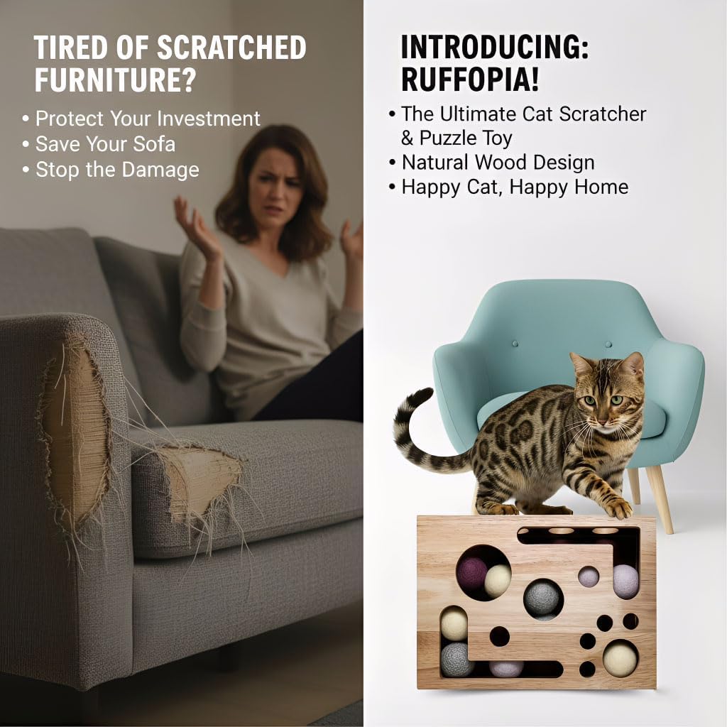 Rufftopia Cat Claw Saver & Nail File Enrichment Box - Sandpaper Scratcher with 3 Balls, Interactive Claw Trimmer Toy & Scratch Pad for Indoor Use
