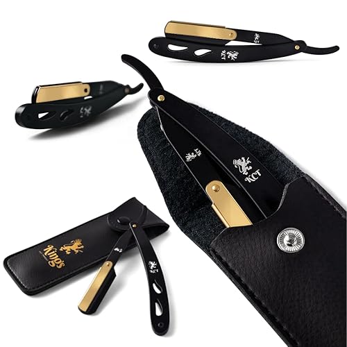 Miniatura 3 de The Kings Cutthroat - Maquinilla de afeitar de garganta cortada para hombre - Afeitado de acero negro y dorado - Bolsa de viaje de cuero y bolsa de