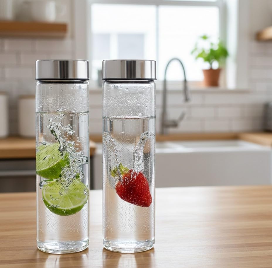 Image of OLIN Glass Fridge Water Bottle with BIG Steel Cap | Set Wide Mouth| with AirTight Leak Proof Reusable | Juicing, Smoothies, Beverage Storage | Reusable 750ml set of 8