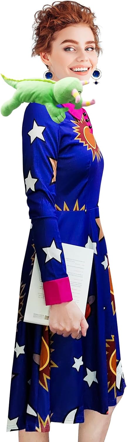 Halloween Women's Planets Stars Moon Solar System Dress Cosplay Costume A-Line Dress Bring lizard and earrings - Image 4