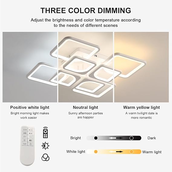 Riserva Dimmable Ceiling Light LED 80W, Square, White, 3000K-6500K | Ceiling Lamp Modern for Bedroom, Living Room, Dining Room, Kitchen, Office [Energy Class E]