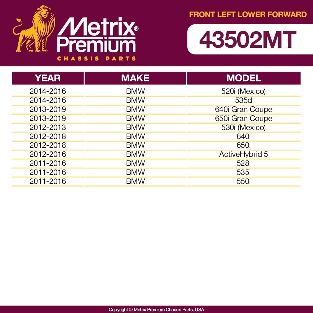 Metrix Premium Chassis Parts - Front Left Lower Forward Control Arm w Ball Joint & Bushing Assembly Fits 14-16 BMW 520i (Mexico), 14-16 535d, 13-19 640i Gran, 13-19 650i Gran, RK641509 Made in Europe