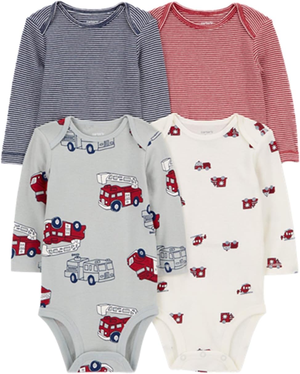 Carter's Baby Boys 4-Pack Long-Sleeve Bodysuits, firetruck, 12m