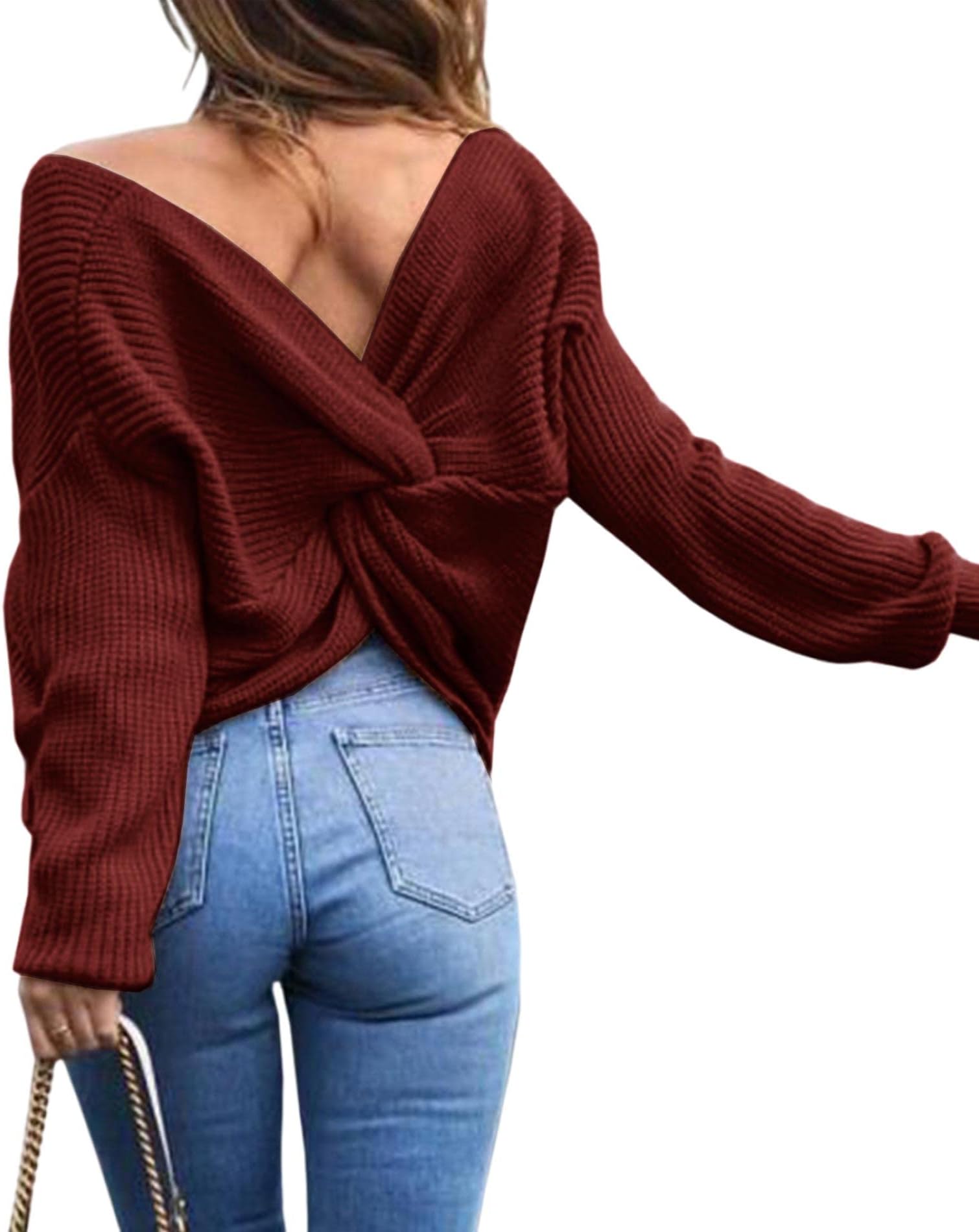 Women's Casual V Neck Criss Cross Backless Long Batwing Sleeve Loose Knitted Sweater Pullovers