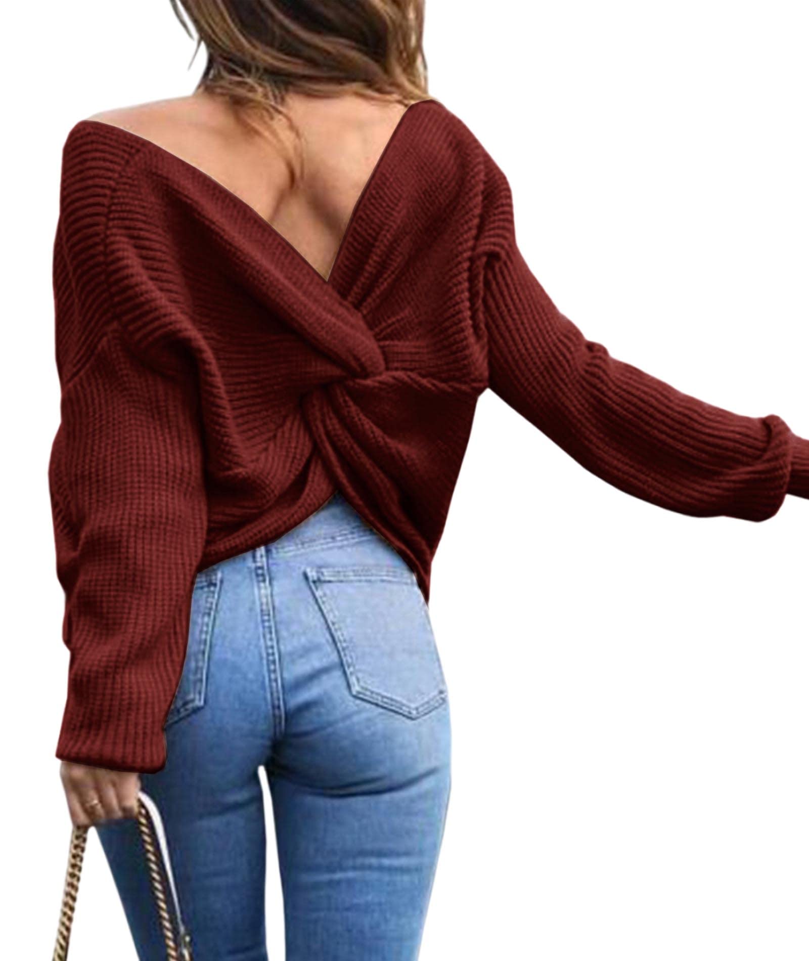 Women's Casual V Neck Criss Cross Backless Long Batwing Sleeve Loose Knitted Sweater Pullovers