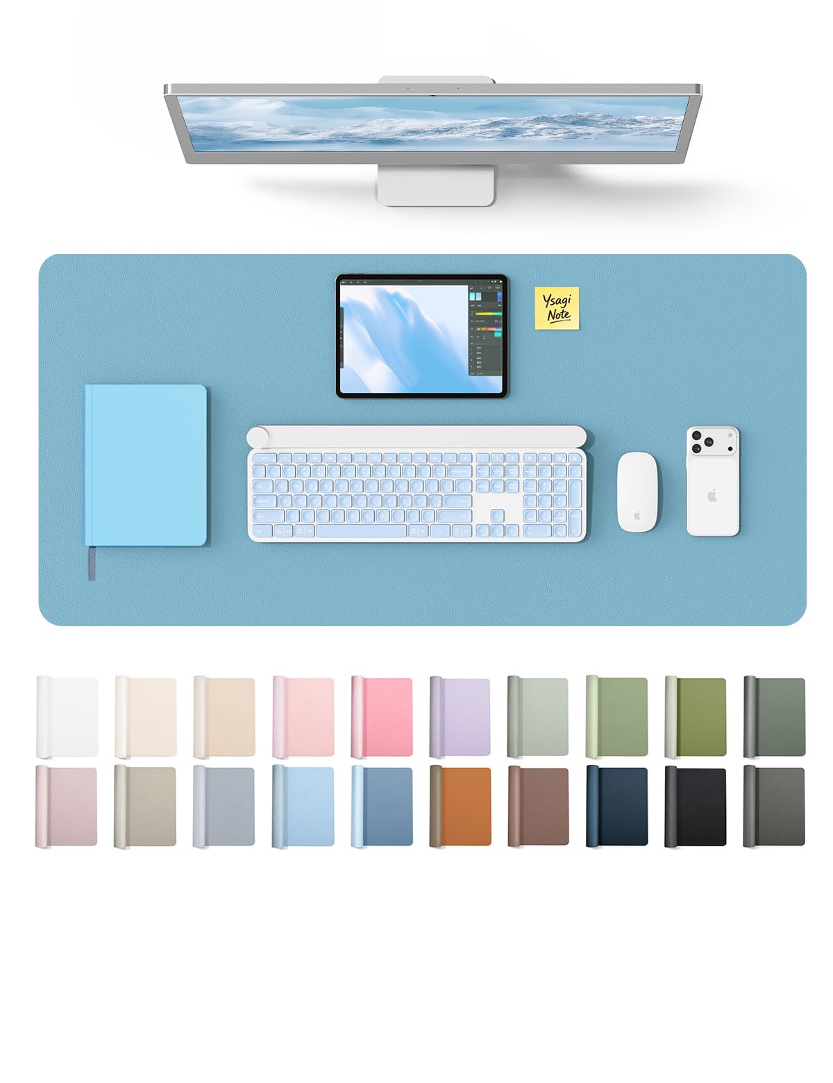 YSAGi Sea Blue PU Leather Desk Protector Mat, Large Mouse Pad, 35.4" x 17" | Protects Desk Surface, Waterproof Writing Pad - main product image