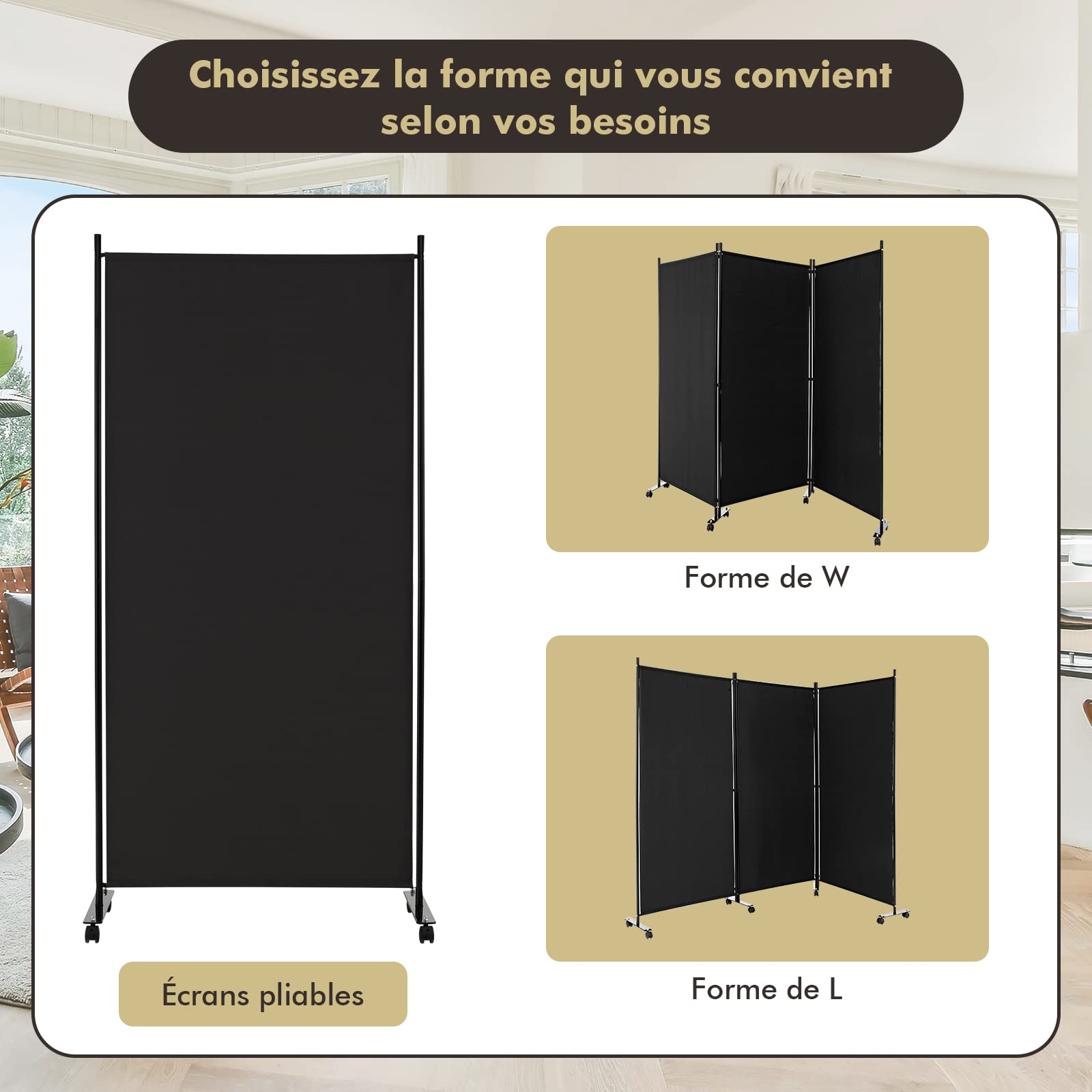 COSTWAY 262x180cm Paravent Intérieur 3 Panneaux à 8 roulettes, Cloison de Separation Interieur Pliable, Cadre en Metal, Tissu Polyester, Separateur de Pieces pour Salon Bureau Balcon (Noir)