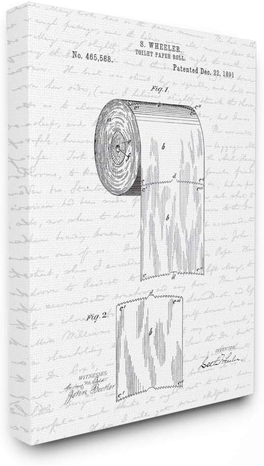Stupell Industries Toilet Paper Roll Patent Black And White Bathroom Design Canvas Wall Art Design By Artist Lettered and Lined