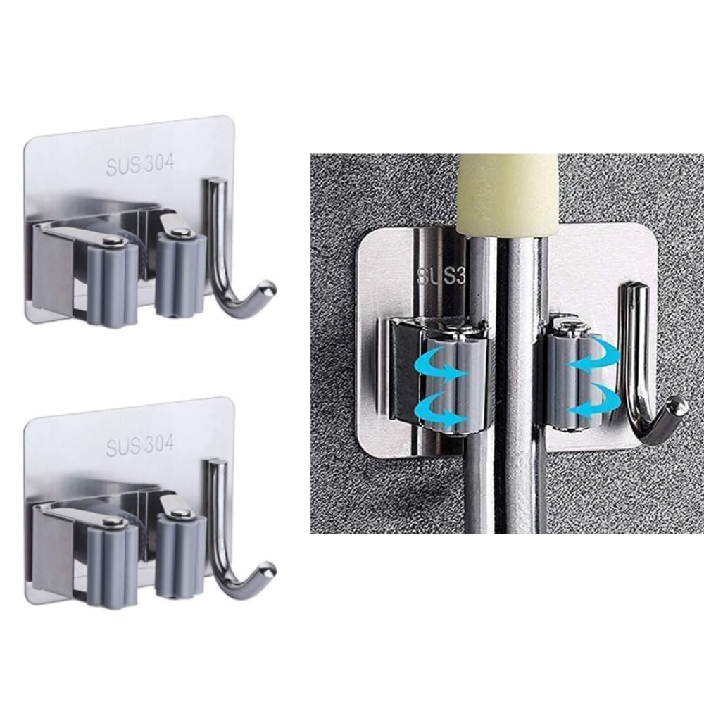 SUS 304 Stainless Steel Wall Mounted Mop and Broom Holder, Adhesive Storage Organiser Rack, Waterproof, No Drilling, Silver, 2 Pack-image-12