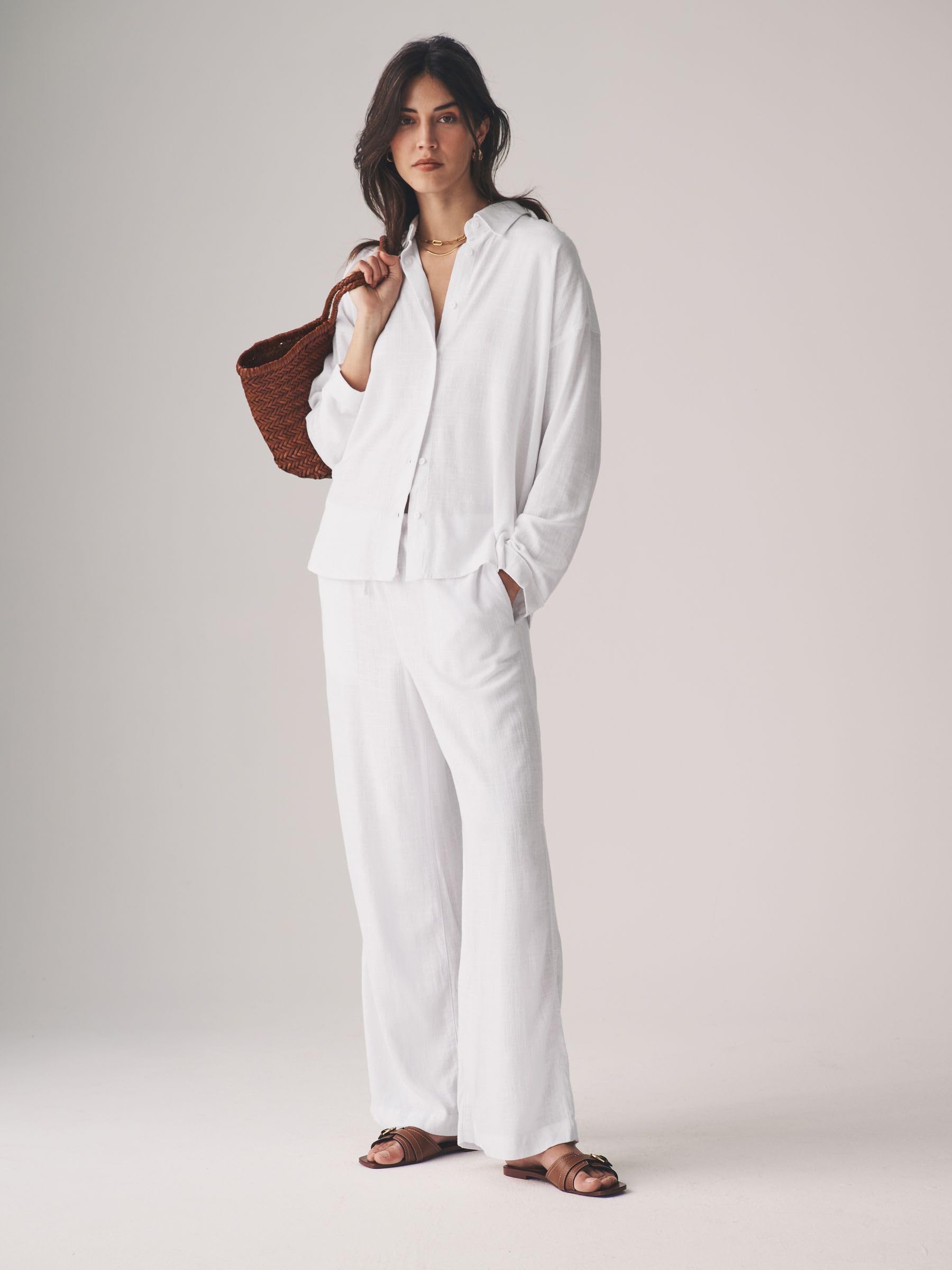 THE SET Femme Pantalon Large à Enfiler Contenant du Lin, lot 2 | Coupe standard, Taille mi-haute, Fermeture boutonnée, Jambe large