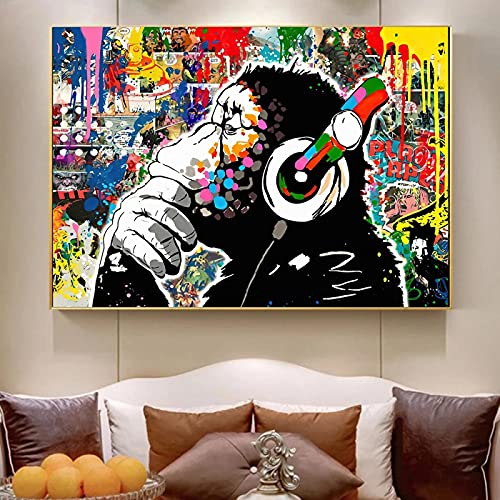 Tableau moderne singe avec casque toile prête à suspendre 35x55