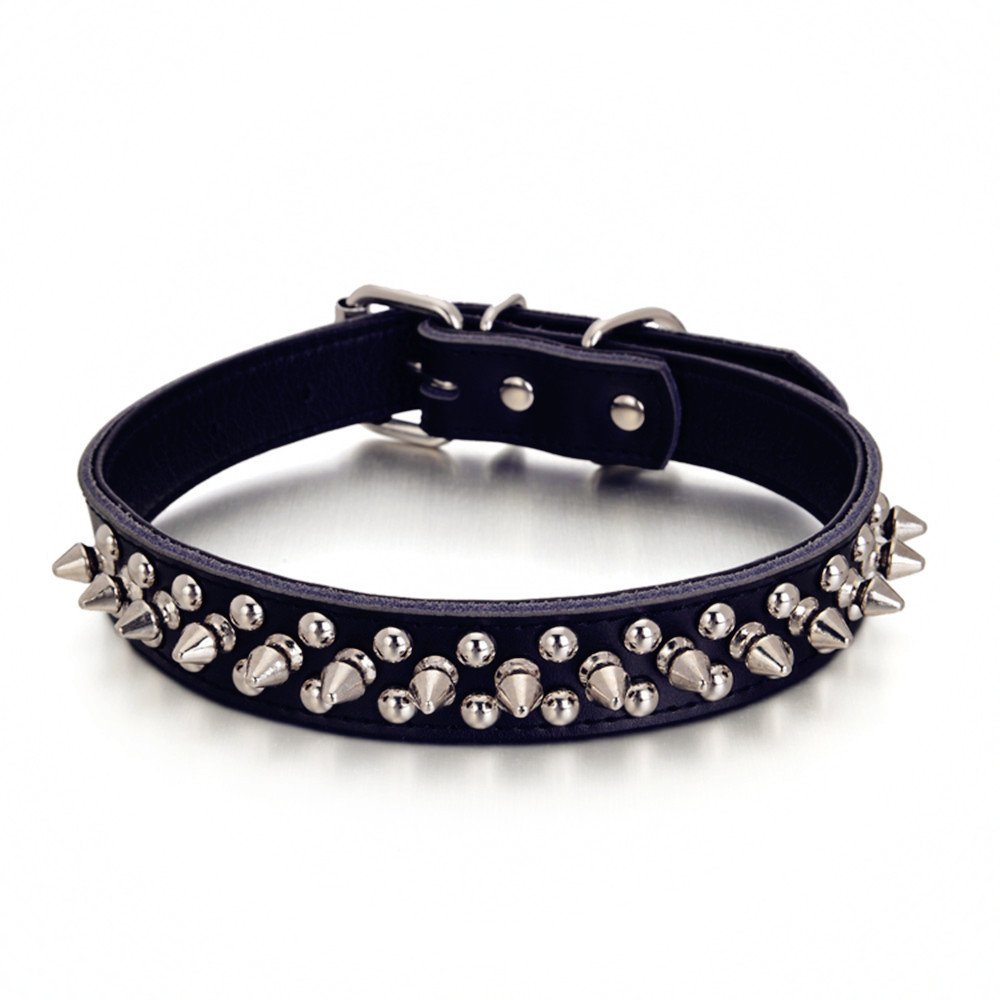 HOOTMALL Soft Genuine Leather Adjustable Spiked Studded Rivets Dog Collar for Puppy Small and Medium Dog