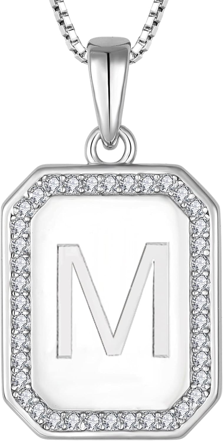 YL Initial Necklace for Women 925 Sterling Silver Rectangle Letter Pendant Halo A-Z Alphabet Jewelry