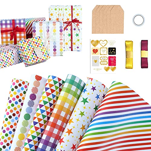 LIAMERHE Papier Cadeau Anniversaire 6PCS Recyclable Papier d'emballage Cadeau 70x50cm avec Autocollant Rubans Étiquettes Cadeaux pour Anniversaire Vacances Mariage Cadeau de Naissance Cover