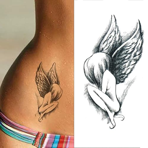 Oottati Juego de 2 calcomanías de tatuaje temporales pequeñas, diseño de ángel negro oscuro para mano, cuello, cara, muñeca, impermeable, arte