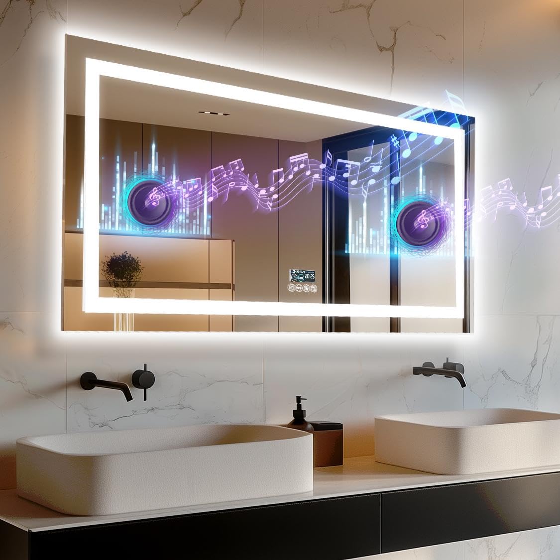 LUVODI Bathroom Mirror with LED Lights: 1000x600mm Large Wall Illuminated Mirror with Bluetooth Dimmable 3 Colours Front Light + Backlit, Anti-fog, Memory Function, Time Temperature Display