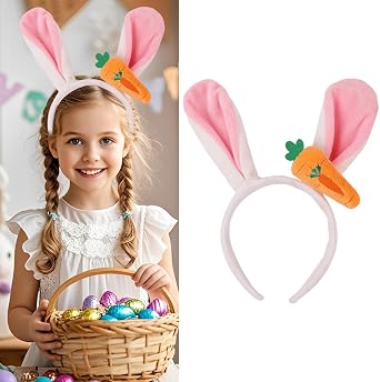 Ecuupas Easter Bunny Headbands,Pink Rabbit Ear Hairbands for Women,Orange Carrot Hair Hoop,Non-Slip Headwear Girl Hair Accessories for Easter,Makeup Cosplay Party