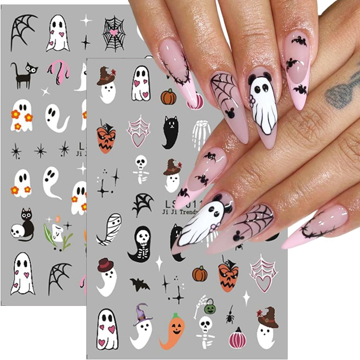 Halloween Nail Art Stickers Cute Ghost Pumpkins 3D Self-Adhesive Nail Decals Bat Skull Spider Web Designs Nail Stickers Halloween Nail Supplies Nail Art Design for Women Girls 6 Sheets