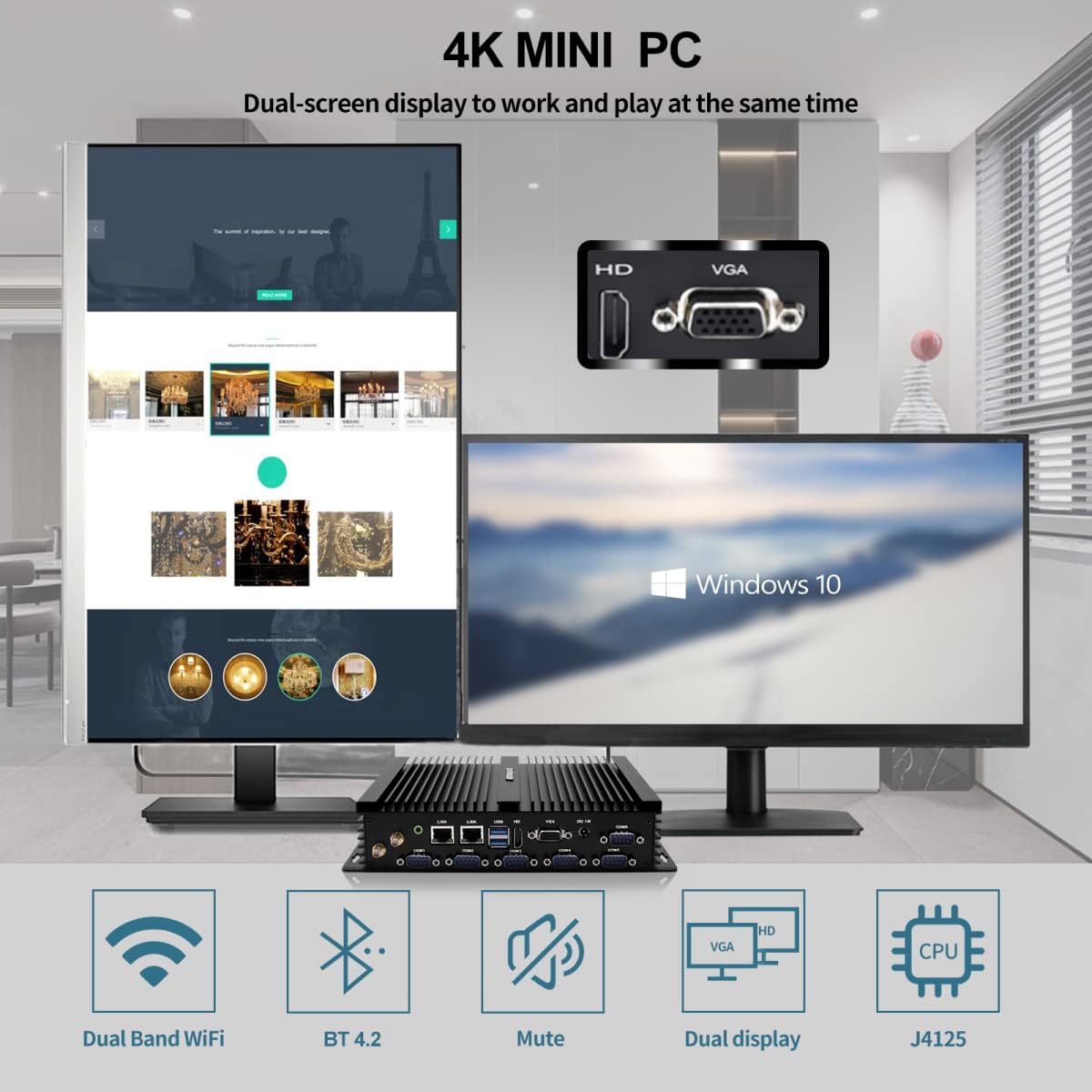 VENOEN Industrial Fanless Mini PC J4125,Win 10 pro,Micro Desktop Computer 8G DDR4 256G SSD,HD,VGA,2 RJ45 LAN,6 RS232/485 COM,WiFi,BT