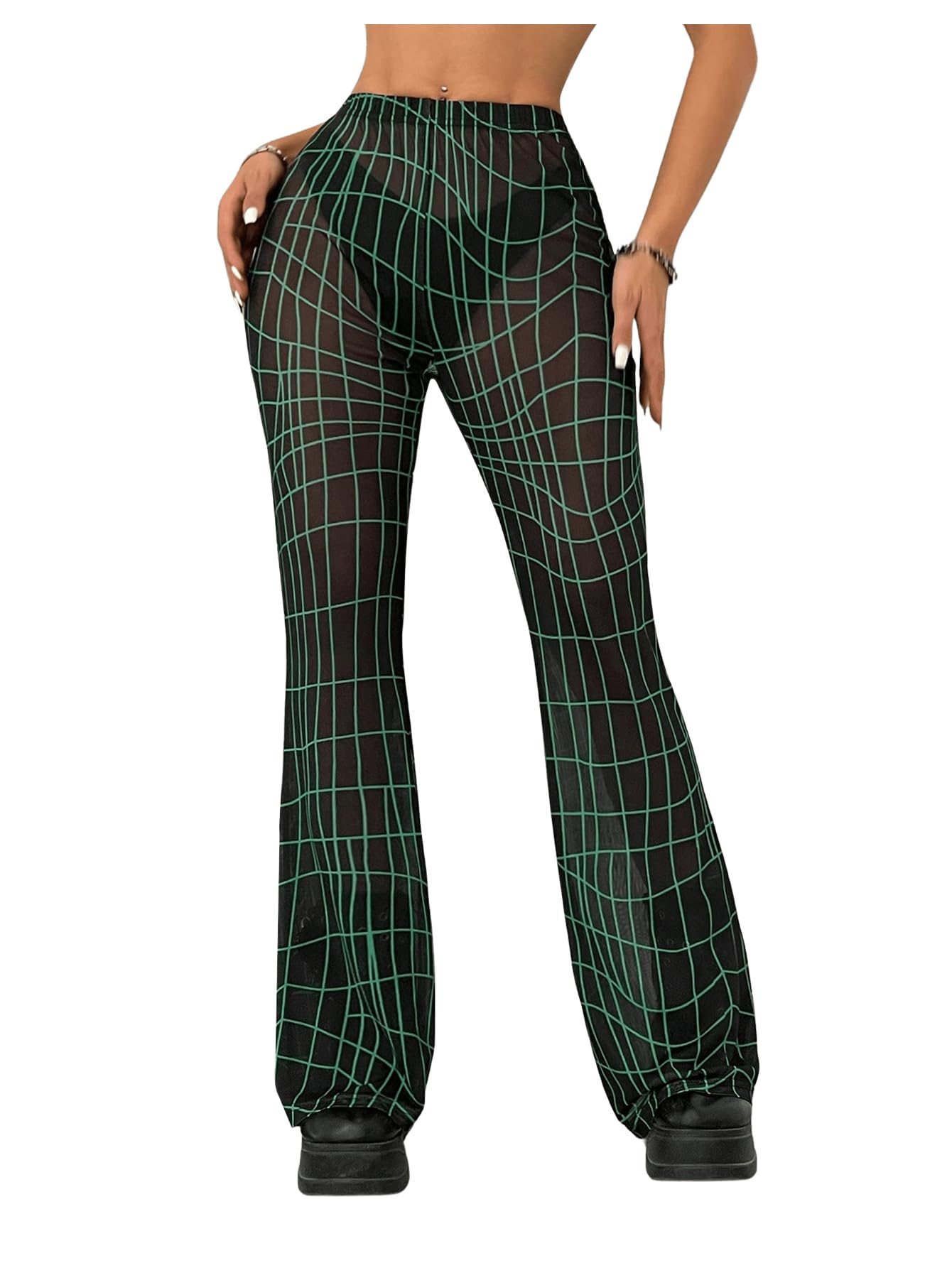 Milumia Womens Geometric Plaid Bell Bottoms Y2K Sheer Flare Leg Mesh Pants